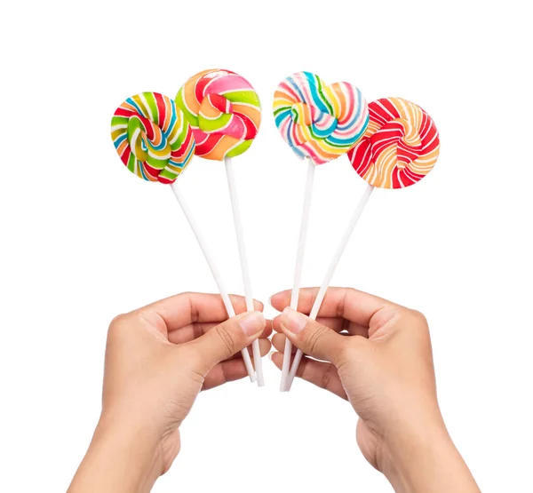 Hand Houden Kleurrijke Spiraal Lolly Geïsoleerd Witte Achtergrond — Stockfoto