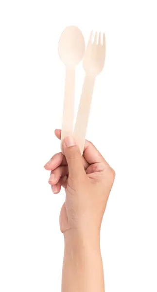 Hand Holding Wood Fork Spoon Isolated White Background — Stock Photo, Image