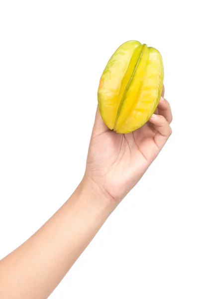 Hand Hålla Starfruit Isolerad Vit Bakgrund — Stockfoto