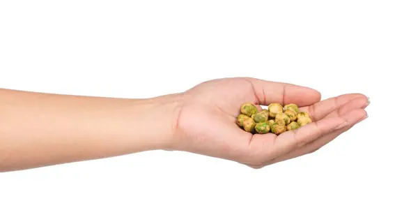 Hand Hält Geröstete Grüne Bohnen Snacks Mit Mehl Beschichtet Und — Stockfoto