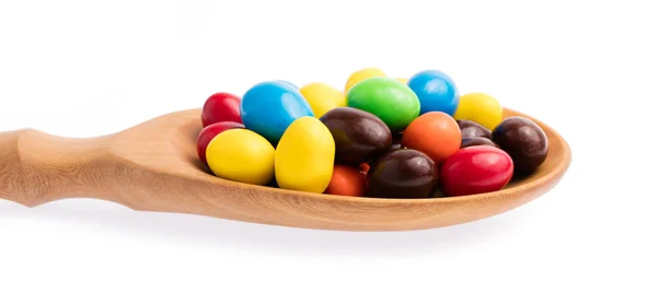 Merőkanál Színes Csokoládé Cukorka Gombok Elszigetelt Fehér Háttér — Stock Fotó