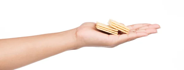 Mão Segurando Biscoitos Isolados Fundo Branco — Fotografia de Stock