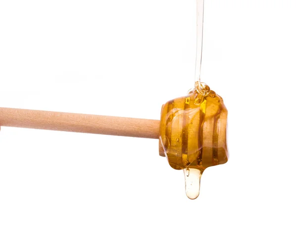 白い背景上に分離されて木製蜂蜜ディッパーから滴る蜂蜜 — ストック写真