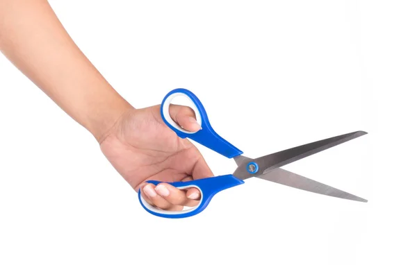 Hand Holding Blue Scissors Isolated White Background — Stock Photo, Image