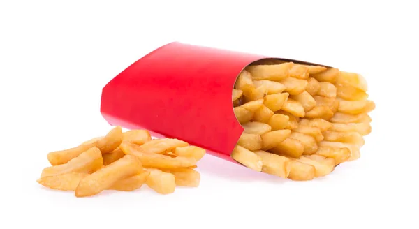 Patatine Fritte Sacchetto Carta Rosso Isolato Uno Sfondo Bianco — Foto Stock