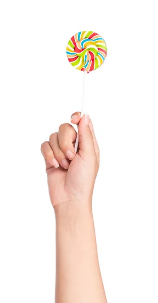 Mano Celebración Colorido Espiral Piruletas Aisladas Sobre Fondo Blanco —  Fotos de Stock