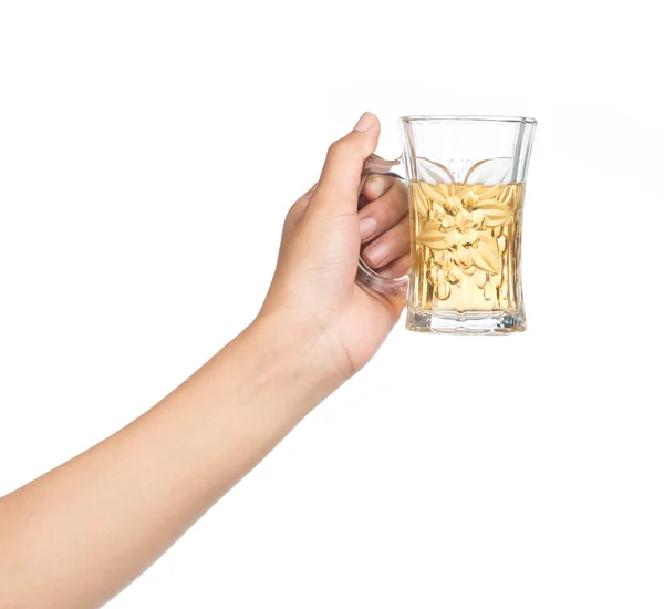 Kézben Tartó Üveg Alkohol Izolált Fehér Alapon — Stock Fotó