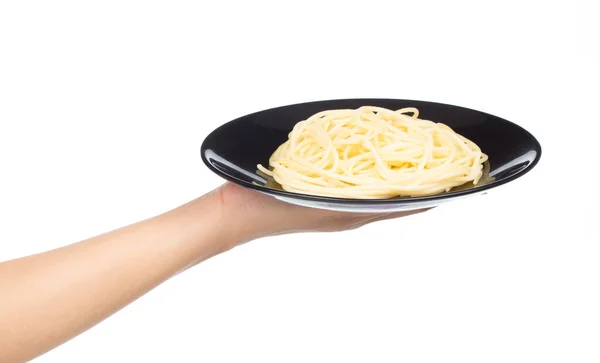 Mão Segurando Macarrão Espaguete Prato Isolado Fundo Branco — Fotografia de Stock