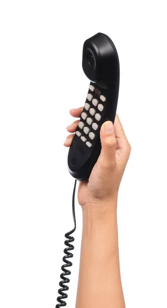 Hand Hält Schwarzes Telefon Isoliert Auf Weißem Hintergrund — Stockfoto