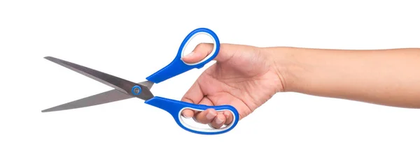 Hand Holding Blue Scissors Isolated White Background — Stock Photo, Image