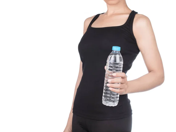 Молодая Спортсменка Держит Бутылку Воды Белом Фоне — стоковое фото