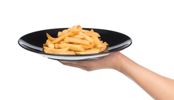 Hand Håller Pommes Frites Skål Isolerad Vit Bakgrund — Stockfoto