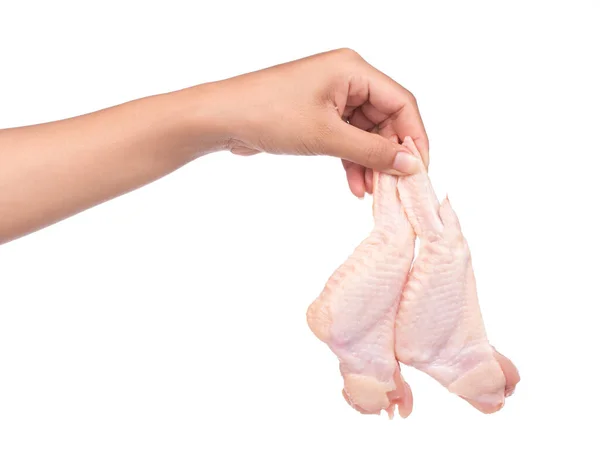 Ele Tutuşan Çiğ Tavuk Kanatları Beyaz Arka Planda Izole Edilmiş — Stok fotoğraf