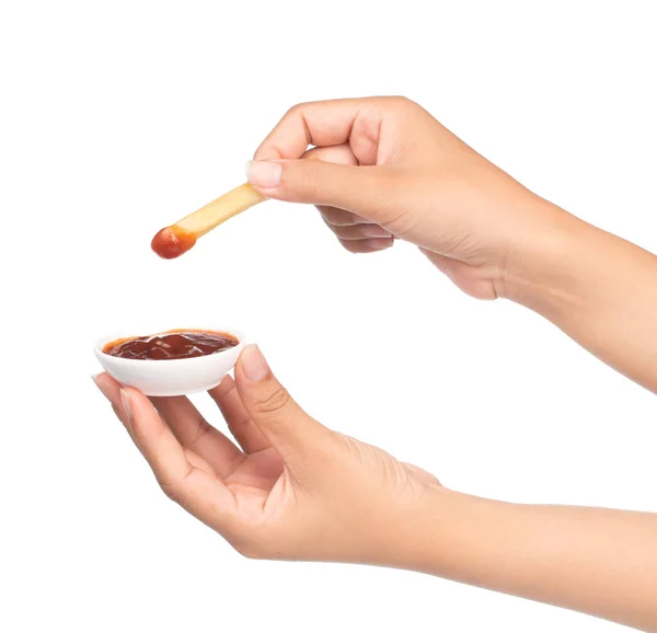 Mão Mergulhar Batatas Fritas Ketchup Isolado Fundo Branco — Fotografia de Stock