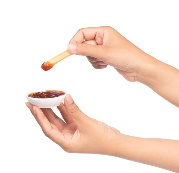 Sumerja Las Papas Fritas Mano Salsa Tomate Aislada Sobre Fondo — Foto de Stock