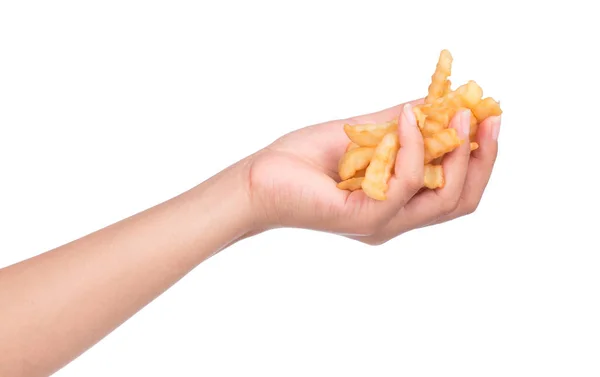 Mano Sosteniendo Papas Fritas Serradas Aisladas Sobre Fondo Blanco —  Fotos de Stock