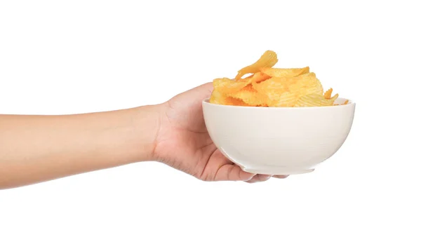 Hand Holding Potato Chips Bowl Isolated White Background — Stock Photo, Image