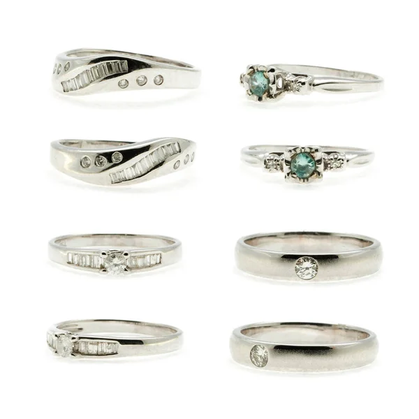Coleção Anéis Prata Incrustados Com Pedras Preciosas Fundo Branco — Fotografia de Stock