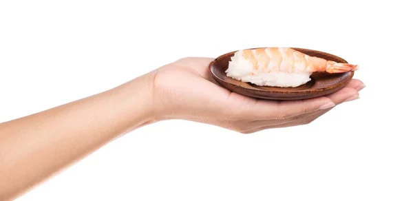 Mano Sosteniendo Camarones Sushi Arroz Plato Aislado Sobre Fondo Blanco —  Fotos de Stock