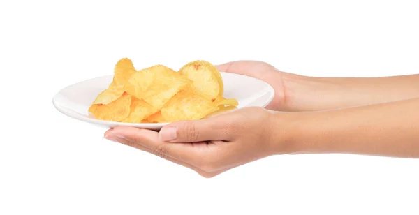 Hand Houden Aardappel Chips Schotel Geïsoleerd Witte Achtergrond — Stockfoto