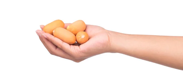 Hand Holding Sausage Cheese Breakfast Isolated White Background — Stock Photo, Image