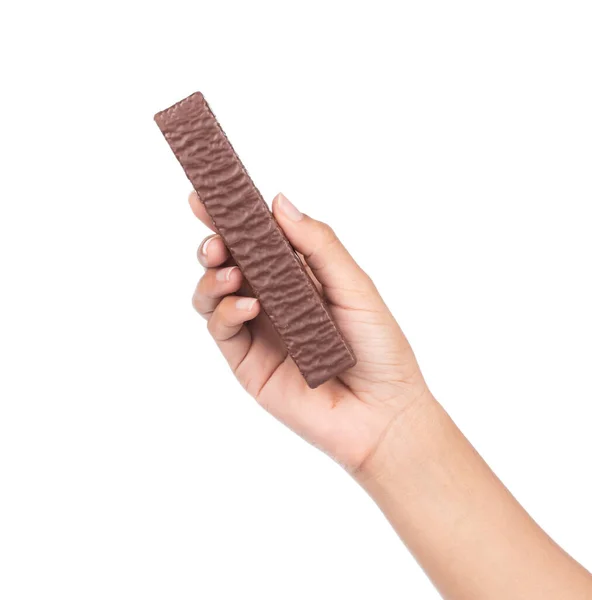 Kézben Tartó Csokoládé Gofri Elszigetelt Fehér Alapon — Stock Fotó