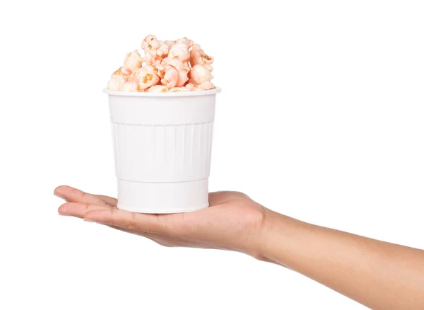 Hand Innehav Popcorn Vit Hink Isolerad Vit Bakgrund — Stockfoto