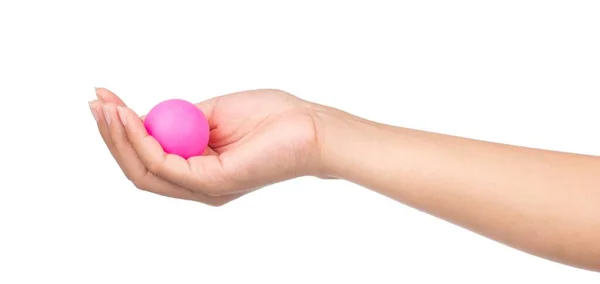 Hand Houden Roze Ping Pong Bal Geïsoleerd Witte Achtergrond — Stockfoto