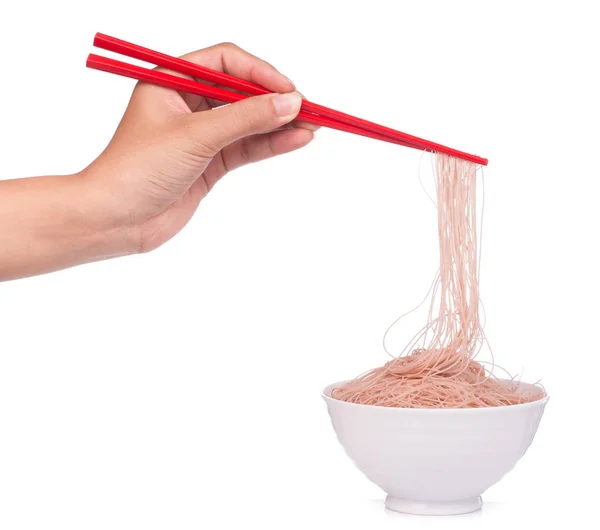 Hand Holding Wheat Thin Noodles Chopsticks Bowl Isolated White Background — Stock Photo, Image