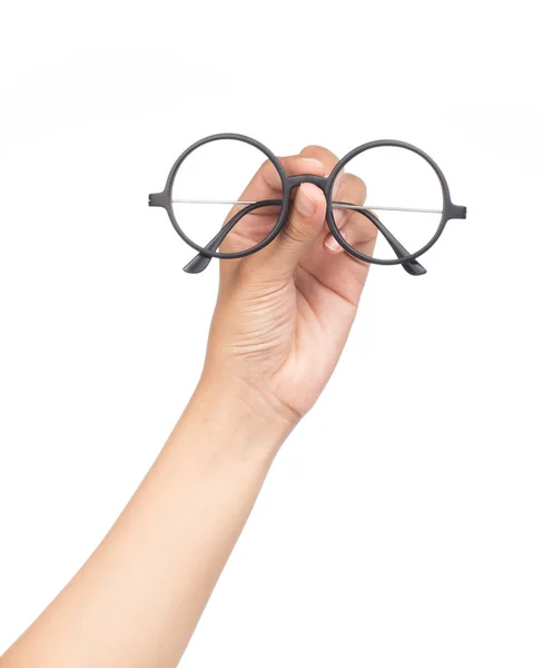 Χέρι Που Κρατά Μάτι Γυαλιά Απομονωθεί Λευκό Φόντο — Φωτογραφία Αρχείου