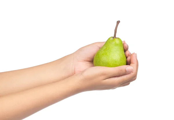 白い背景に緑の梨を持つ手は — ストック写真