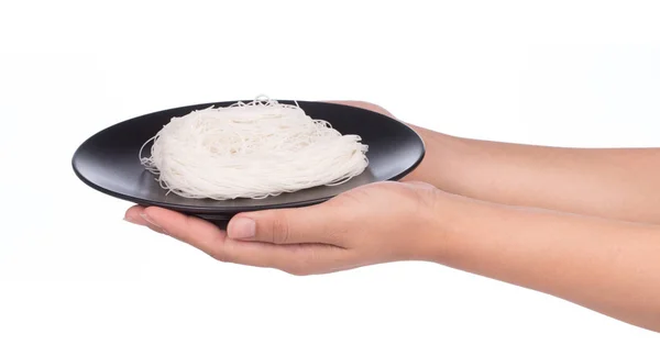 Χέρι Κρατώντας Κινέζικο Στυλ Νουντλς Πιάτο Απομονωμένο Λευκό Φόντο — Φωτογραφία Αρχείου