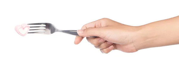 Hand Hålla Gaffel Med Hjärta Form Marshmallow Isolerad Vit Bakgrund — Stockfoto