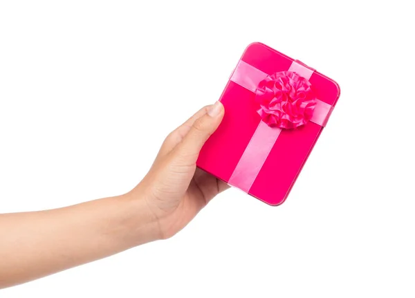 Hand Hält Rosa Geschenkbox Isoliert Auf Weißem Hintergrund — Stockfoto