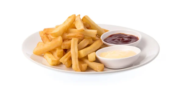 Pommes Kartoffeln Mit Ketchup Und Mayonnaise Auf Einem Auf Weißem — Stockfoto