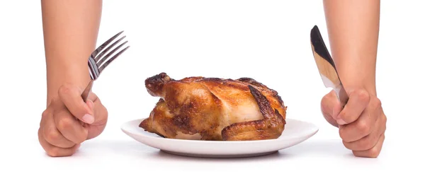 Roasted Chicken Being Cut Knife Fork Dish Isolated White Background — Stock Photo, Image