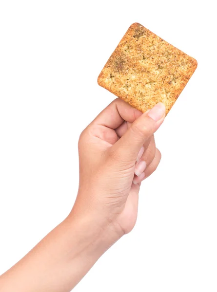 Mano Che Tiene Cracker Snack Pane Isolato Uno Sfondo Bianco — Foto Stock