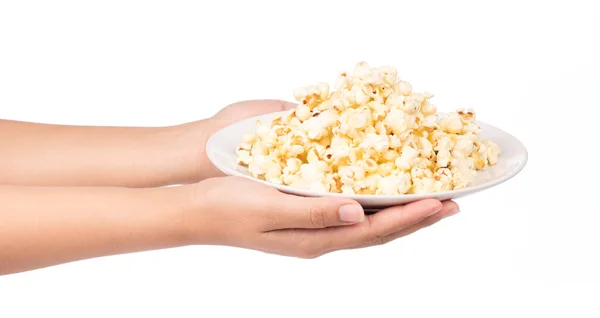 Hand Innehav Platta Popcorn Isolerad Vit Bakgrund — Stockfoto