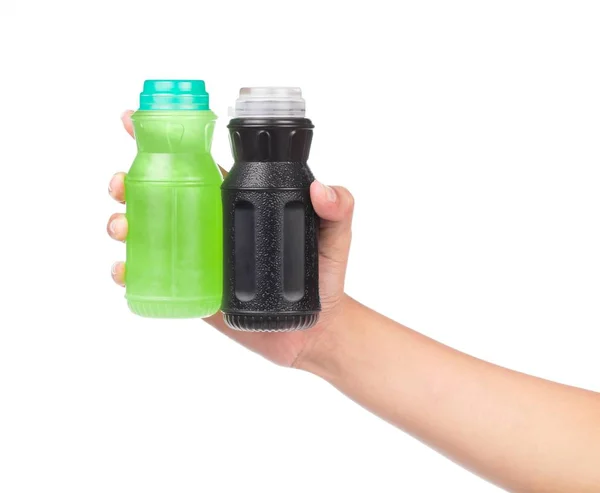 Hand Hålla Ört Juice Hälsosam Dryck Flaska Isolerad Vit Bakgrund — Stockfoto