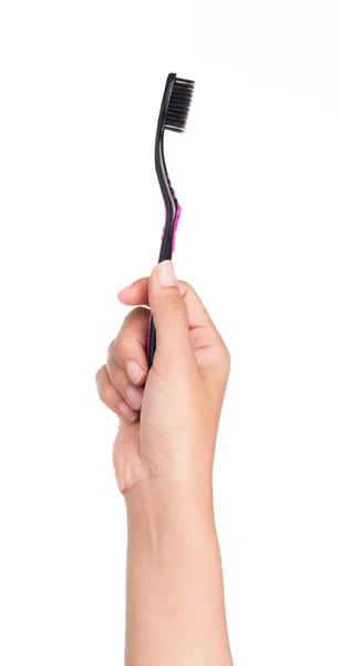 Hand Holding Toothbrush Isolated White Background — Stockfoto