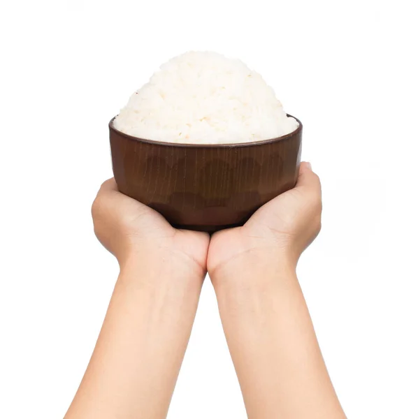 Χέρι Εκμετάλλευση Μπολ Ρυζιού Απομονωμένο Λευκό Φόντο — Φωτογραφία Αρχείου