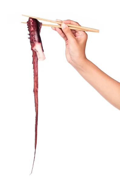 Eetstokjes Met Hand Tentakels Etend Van Octopus Geïsoleerd Witte Achtergrond — Stockfoto