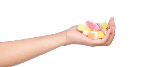 Hand Holding Colorful Candy Jellys Sweet Isolated White Background — Stock Photo, Image