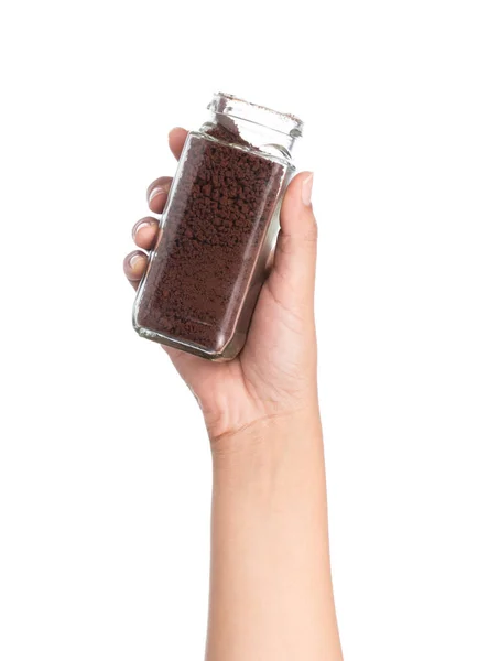 Hand Hålla Flaska Kaffe Pulver Isolerad Vit Bakgrund — Stockfoto