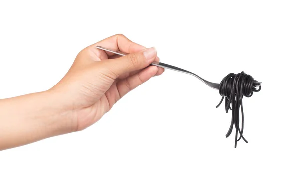 Hand Houden Roll Zwarte Pasta Spaghetti Een Vork Geïsoleerd Witte — Stockfoto