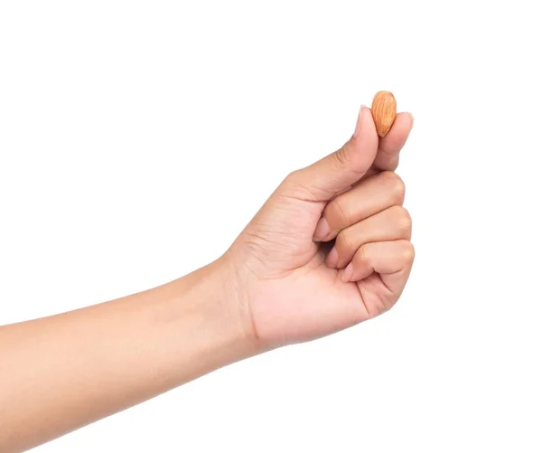 Dedos Segurando Semente Amêndoa Isolada Fundo Branco — Fotografia de Stock
