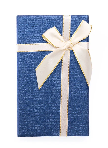 Scatola Regalo Blu Con Nastro Bianco Isolato Sfondo Bianco — Foto Stock