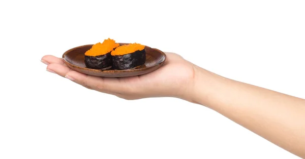 Hand Holding Fresh Sushi Wooden Dish Isolated White Background — Stock Photo, Image