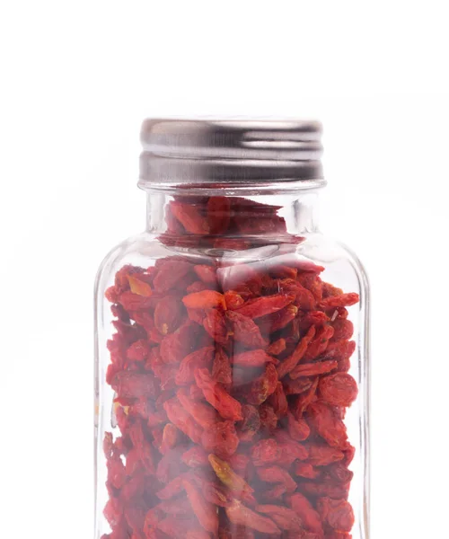 Fles Goji Wolfberries Geïsoleerd Witte Achtergrond — Stockfoto