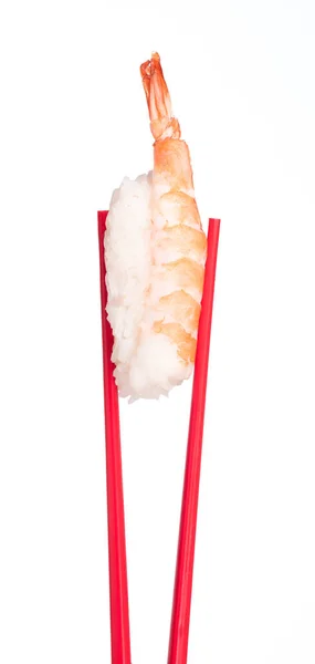 Halten Von Sushi Garnelen Durch Essstäbchen Isoliert Auf Weißem Hintergrund — Stockfoto